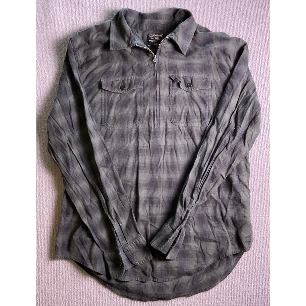 Abercrombie & Fitch Quarter Zip Flannel Shirt Large Black/Green Plaid Grunge